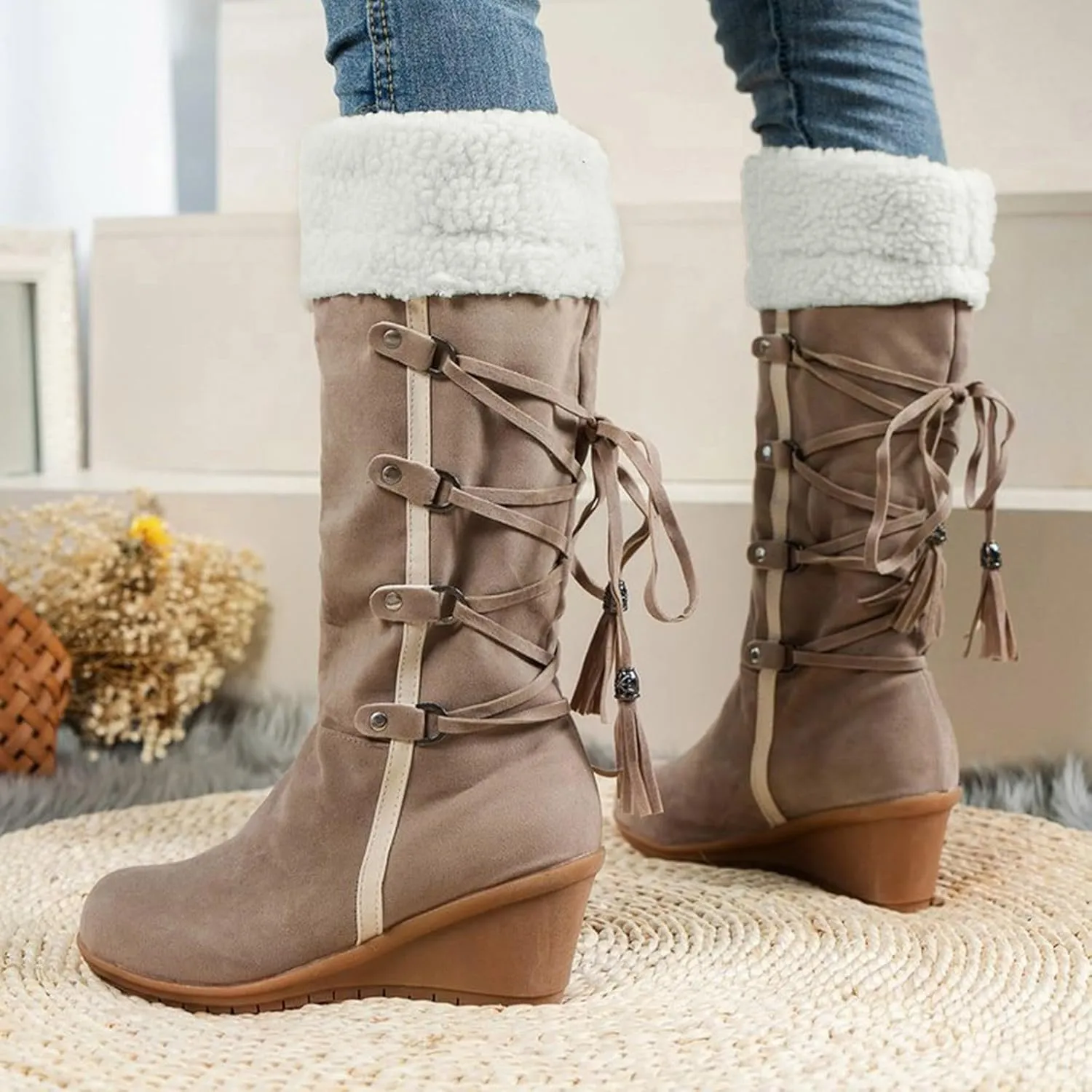 Women's Snow Boots, Mid Calf Warm Insulated Faux Fur Lined Waterproof Lace Up Snow Boots Winter Fuzzy Snow Boots Short Ankle Boot with Fur Lined