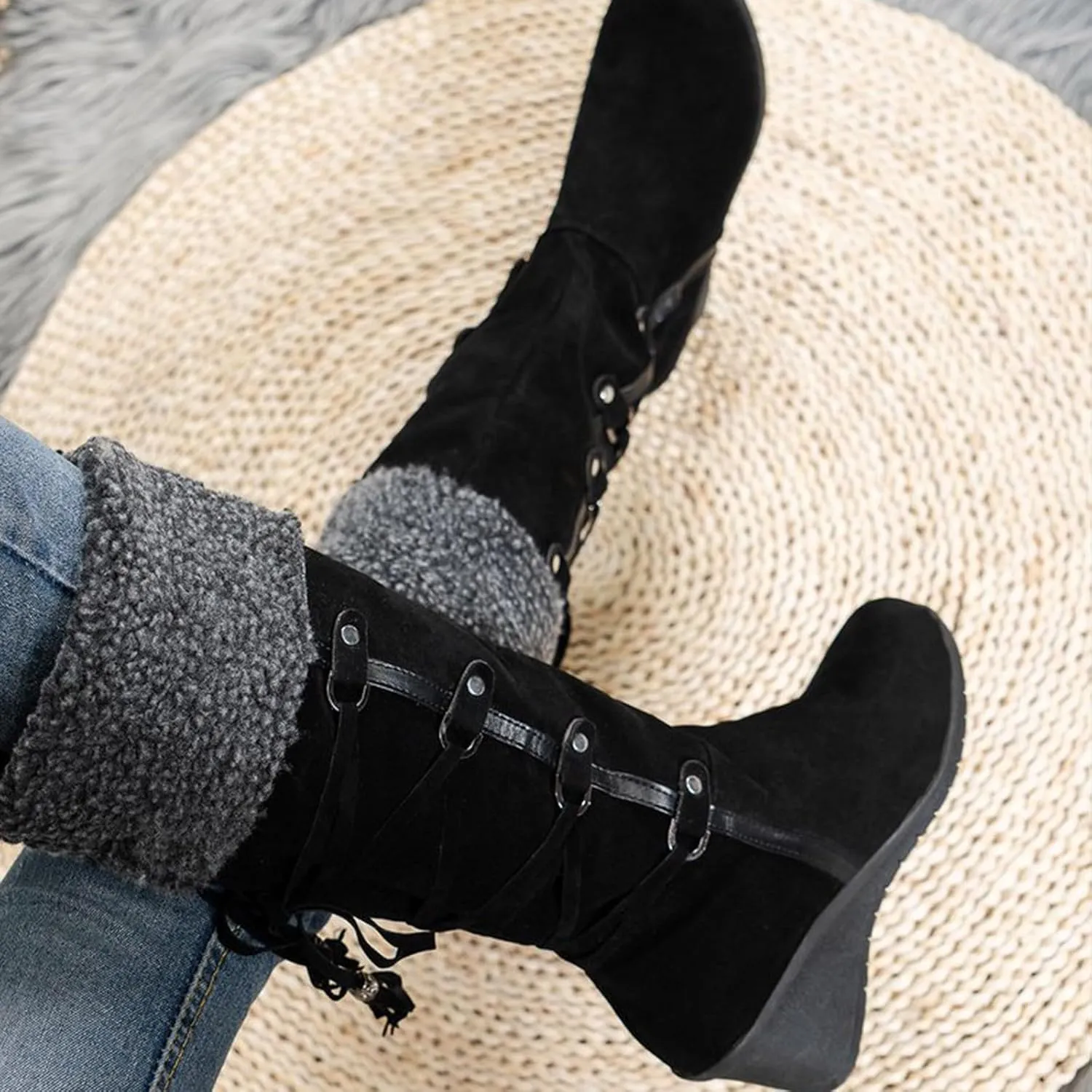 Women's Snow Boots, Mid Calf Warm Insulated Faux Fur Lined Waterproof Lace Up Snow Boots Winter Fuzzy Snow Boots Short Ankle Boot with Fur Lined