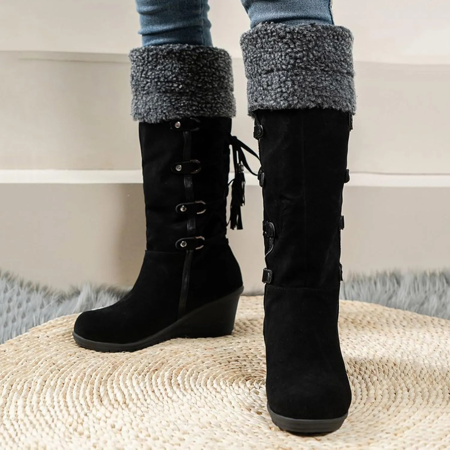 Women's Snow Boots, Mid Calf Warm Insulated Faux Fur Lined Waterproof Lace Up Snow Boots Winter Fuzzy Snow Boots Short Ankle Boot with Fur Lined
