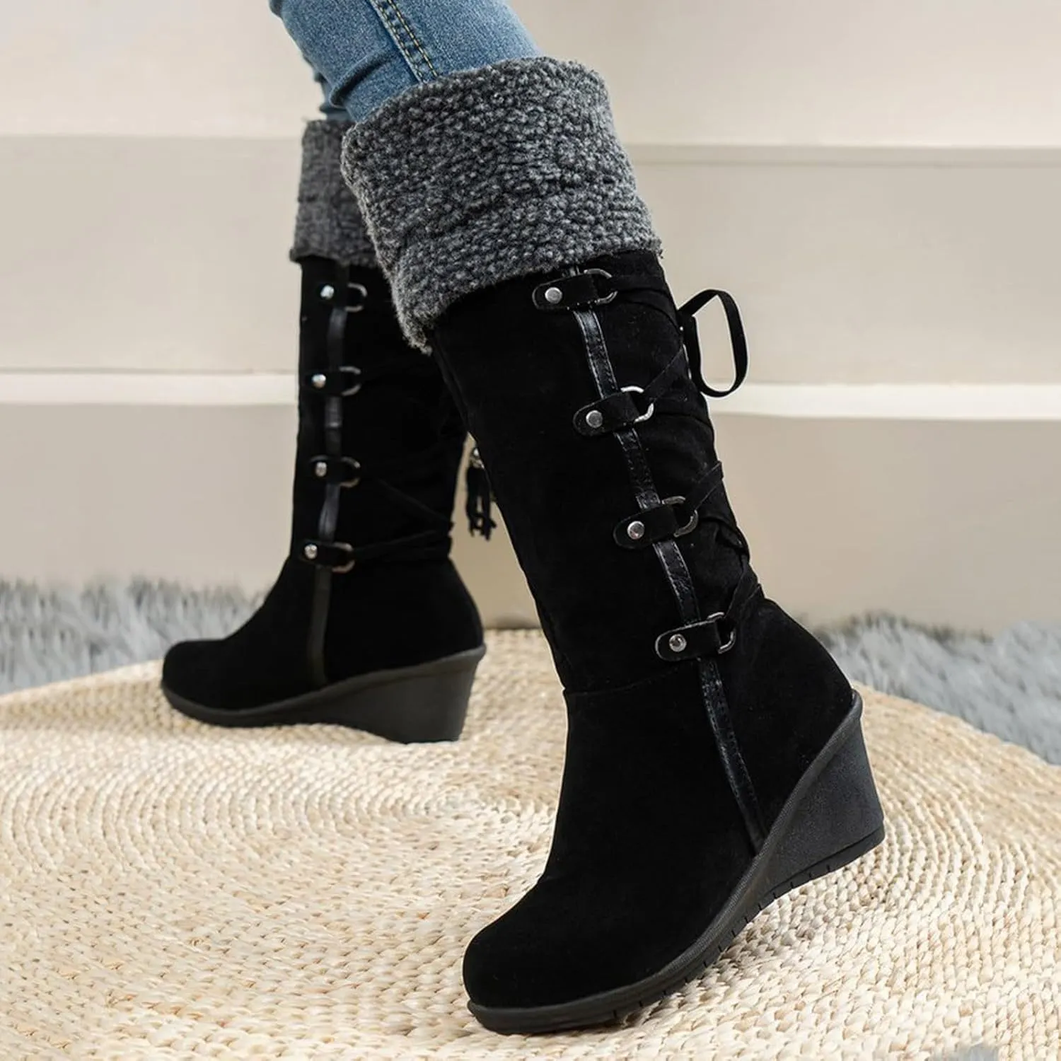 Women's Snow Boots, Mid Calf Warm Insulated Faux Fur Lined Waterproof Lace Up Snow Boots Winter Fuzzy Snow Boots Short Ankle Boot with Fur Lined