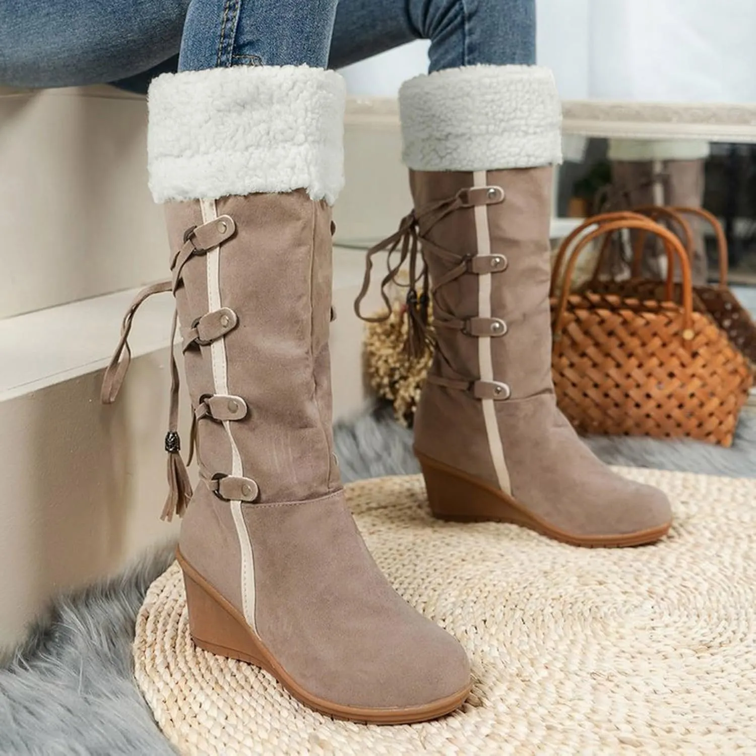 Women's Snow Boots, Mid Calf Warm Insulated Faux Fur Lined Waterproof Lace Up Snow Boots Winter Fuzzy Snow Boots Short Ankle Boot with Fur Lined