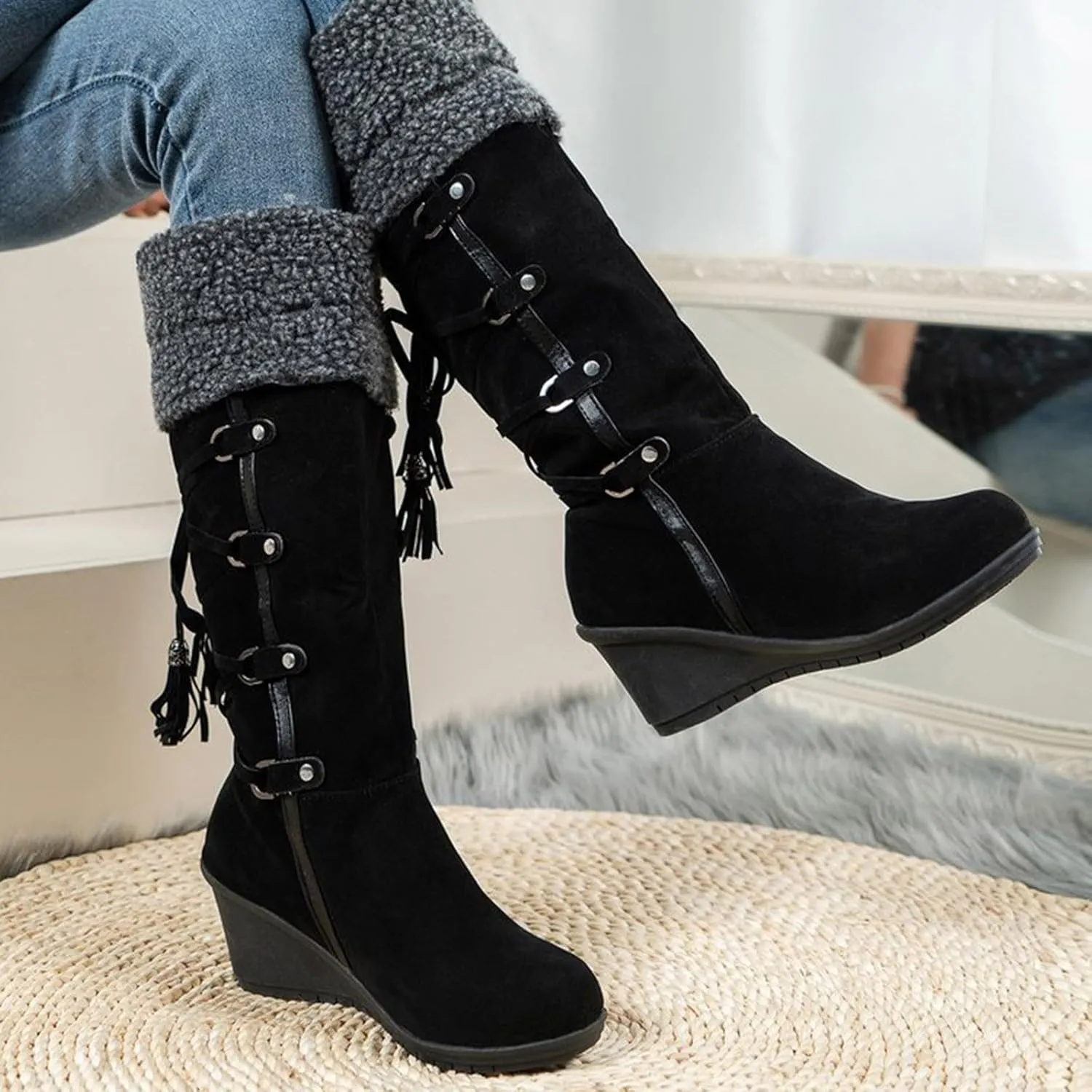 Women's Snow Boots, Mid Calf Warm Insulated Faux Fur Lined Waterproof Lace Up Snow Boots Winter Fuzzy Snow Boots Short Ankle Boot with Fur Lined