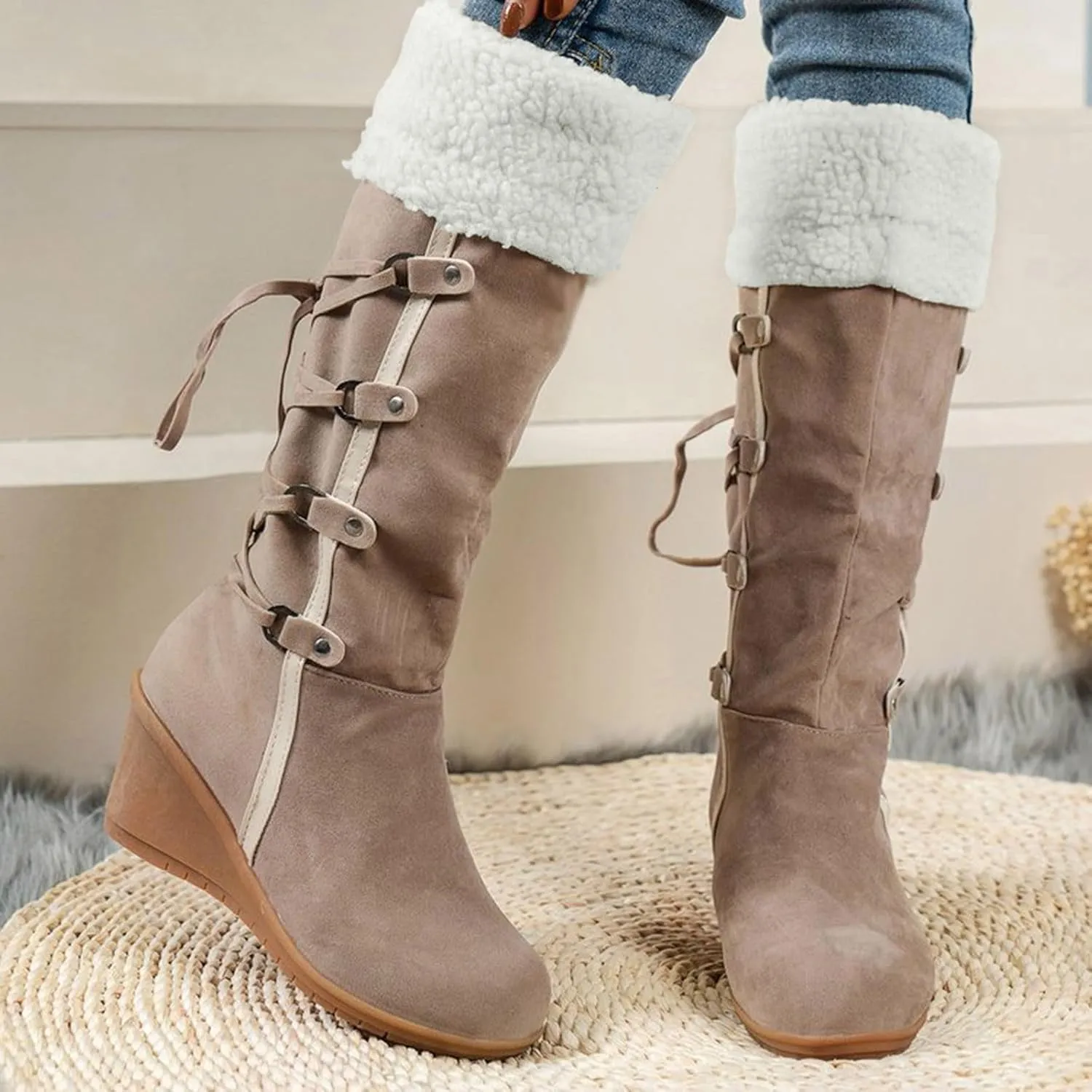 Women's Snow Boots, Mid Calf Warm Insulated Faux Fur Lined Waterproof Lace Up Snow Boots Winter Fuzzy Snow Boots Short Ankle Boot with Fur Lined