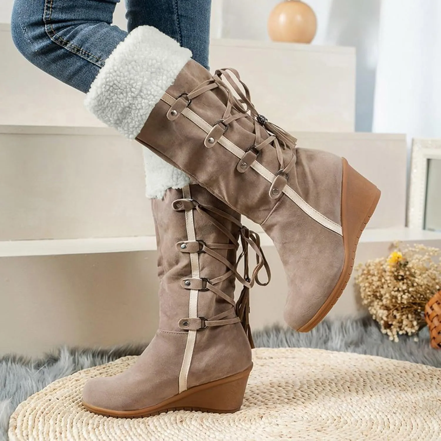 Women's Snow Boots, Mid Calf Warm Insulated Faux Fur Lined Waterproof Lace Up Snow Boots Winter Fuzzy Snow Boots Short Ankle Boot with Fur Lined