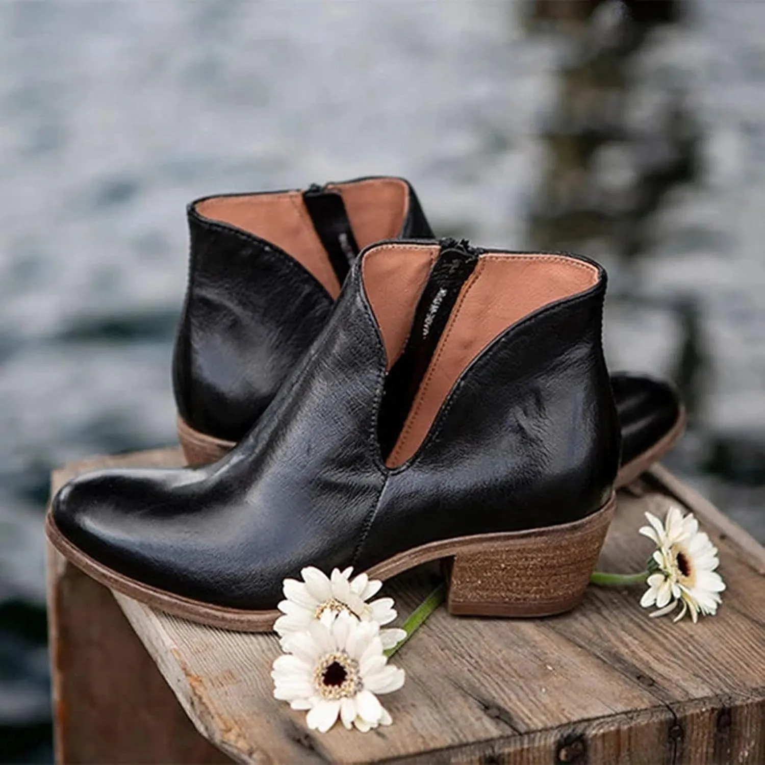 Womens Square Heel Ankle Boots Fashion Solid Pointed Toe Side Zipper Cutout Chunky Heel Booties Retro Comfortable Thick Heel Short Boots Shoes