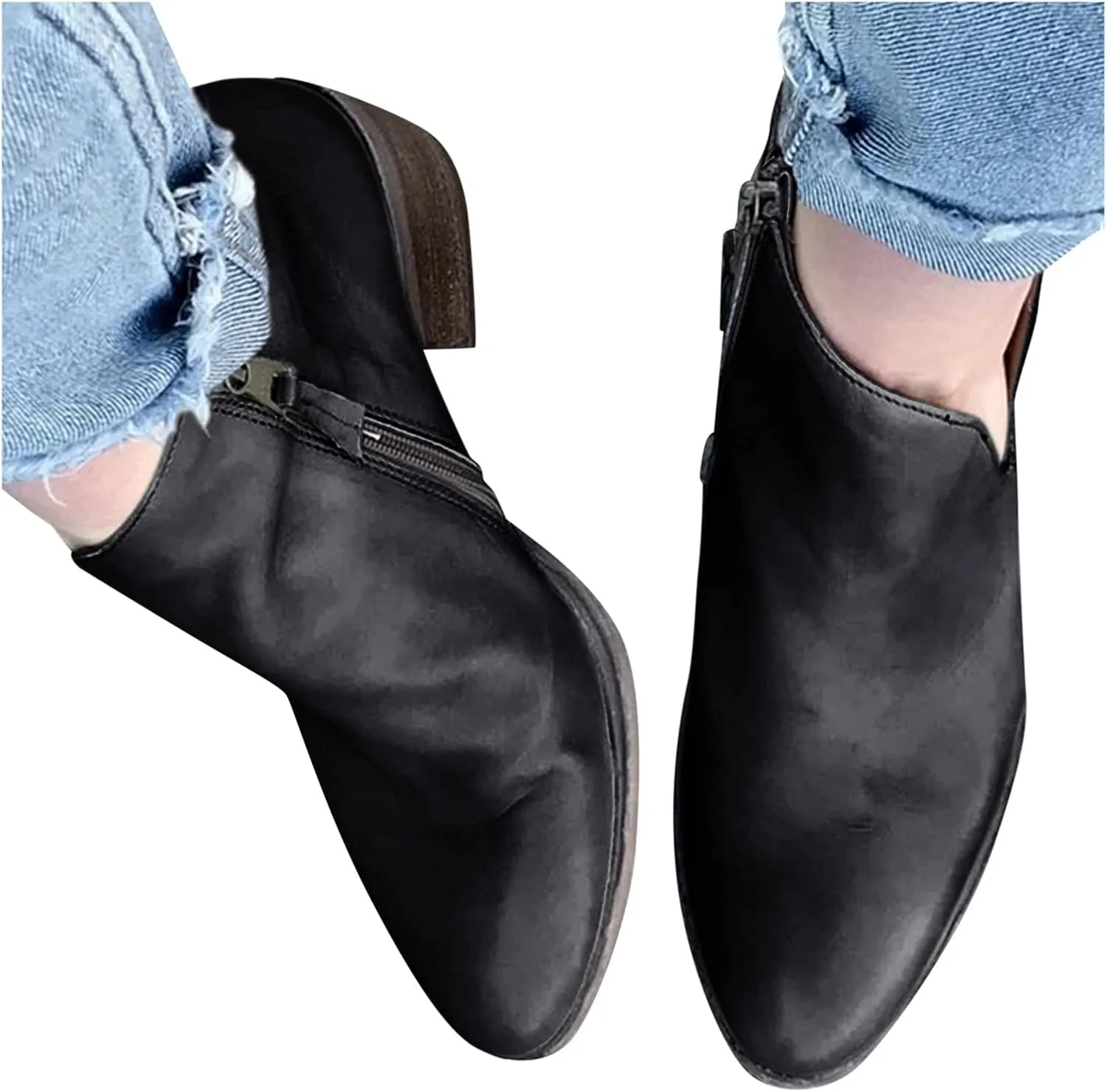 Womens Square Heel Ankle Boots Fashion Solid Pointed Toe Side Zipper Cutout Chunky Heel Booties Retro Comfortable Thick Heel Short Boots Shoes
