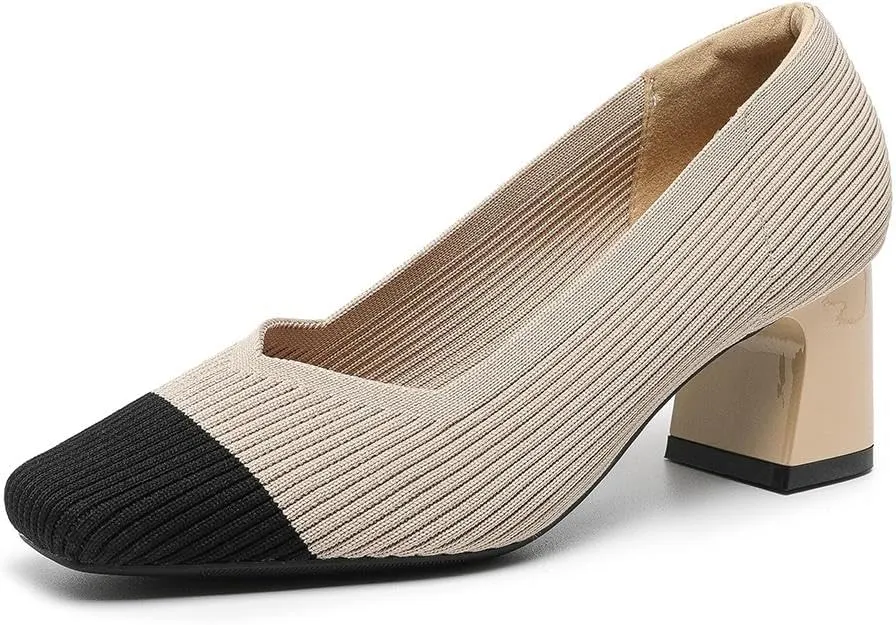 Women's Square Toe Pumps Knit Dress Shoes Comfortable Low Wedge Mesh Shoes for Women Slip On Pumps with Chunky Heel Shoes Classic Soft Mary Jane Shoes