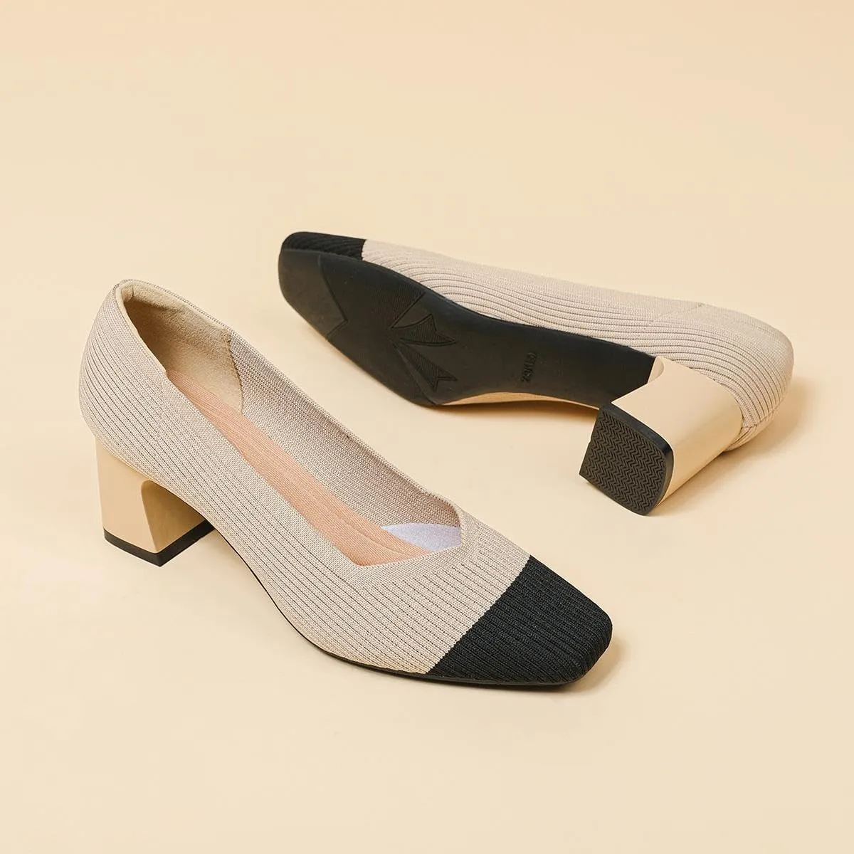 Women's Square Toe Pumps Knit Dress Shoes Comfortable Low Wedge Mesh Shoes for Women Slip On Pumps with Chunky Heel Shoes Classic Soft Mary Jane Shoes