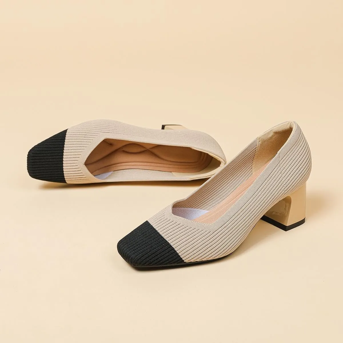 Women's Square Toe Pumps Knit Dress Shoes Comfortable Low Wedge Mesh Shoes for Women Slip On Pumps with Chunky Heel Shoes Classic Soft Mary Jane Shoes