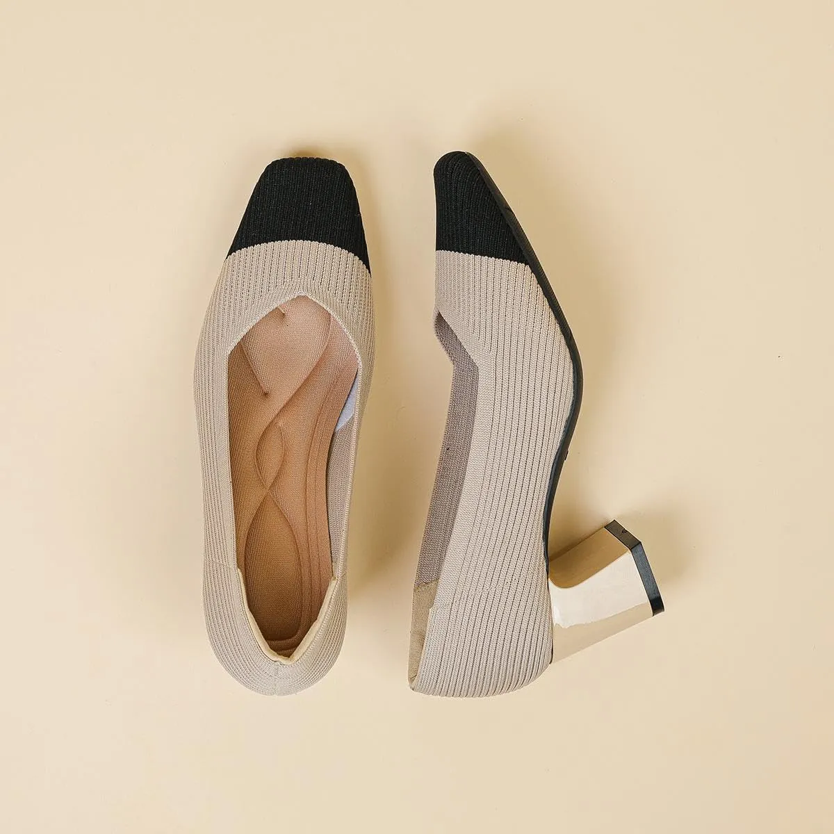 Women's Square Toe Pumps Knit Dress Shoes Comfortable Low Wedge Mesh Shoes for Women Slip On Pumps with Chunky Heel Shoes Classic Soft Mary Jane Shoes