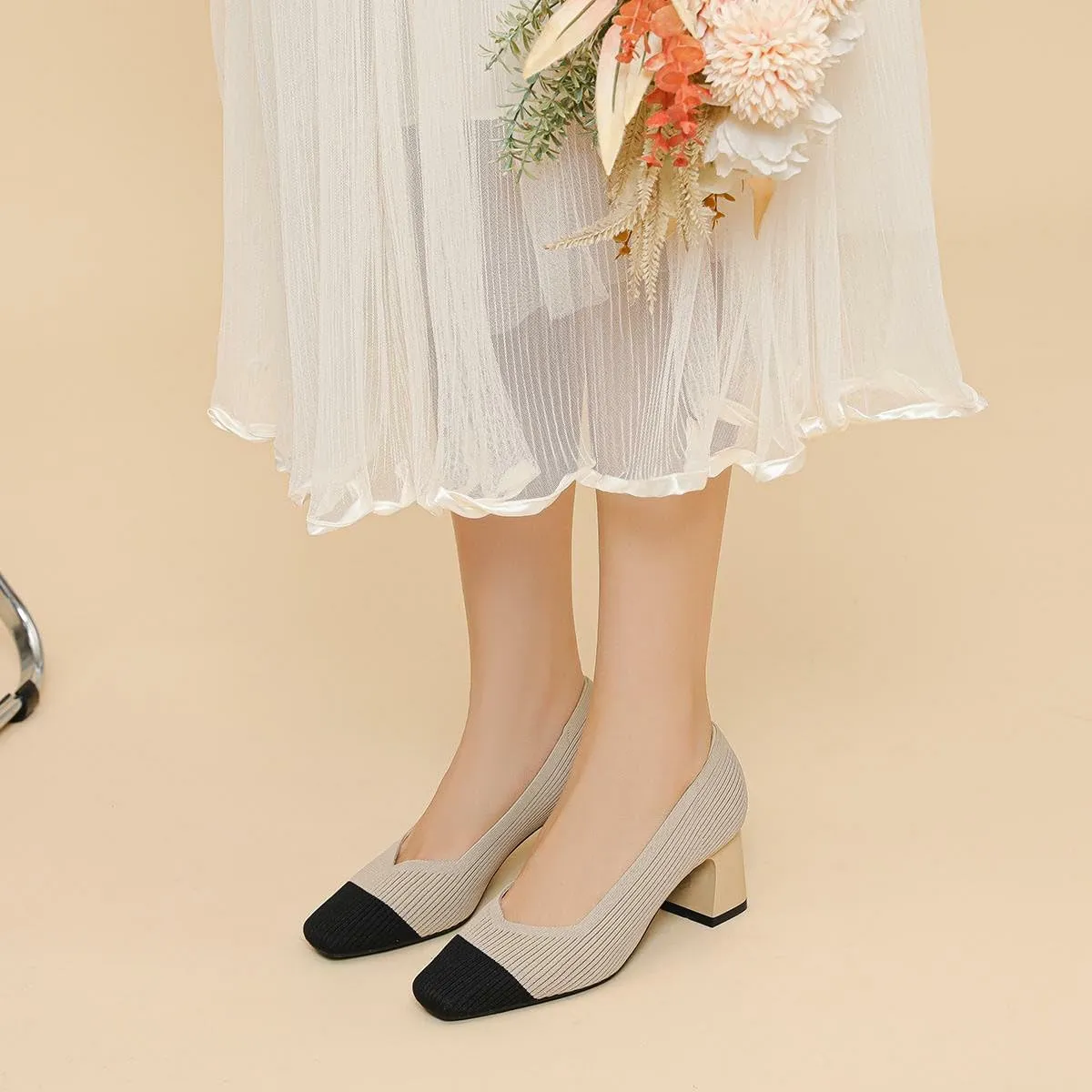 Women's Square Toe Pumps Knit Dress Shoes Comfortable Low Wedge Mesh Shoes for Women Slip On Pumps with Chunky Heel Shoes Classic Soft Mary Jane Shoes