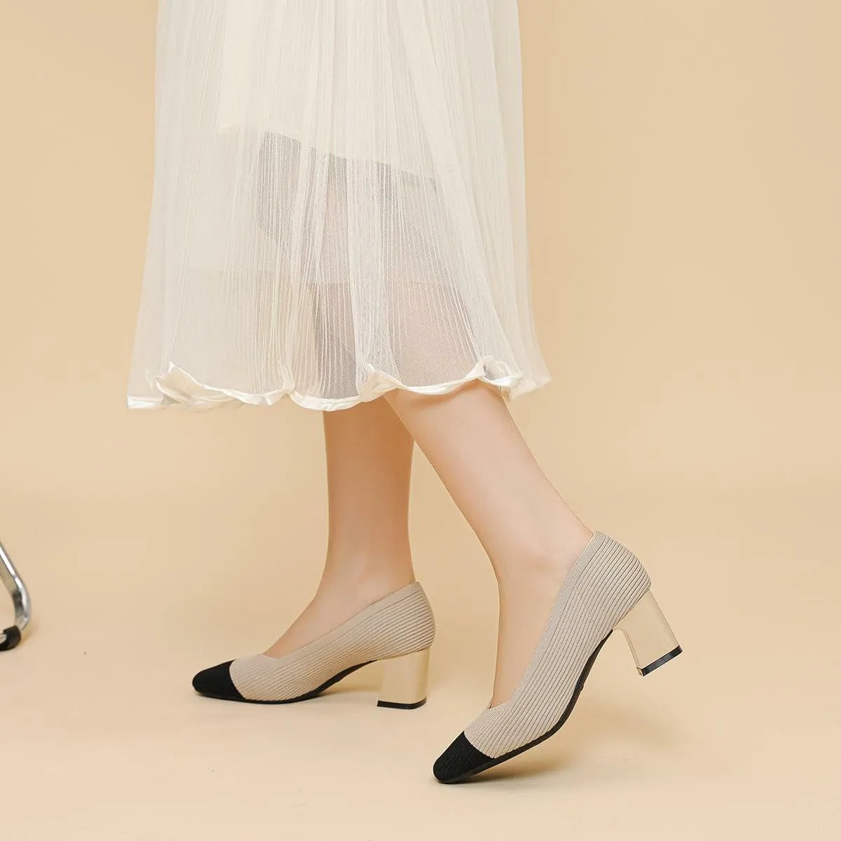 Women's Square Toe Pumps Knit Dress Shoes Comfortable Low Wedge Mesh Shoes for Women Slip On Pumps with Chunky Heel Shoes Classic Soft Mary Jane Shoes