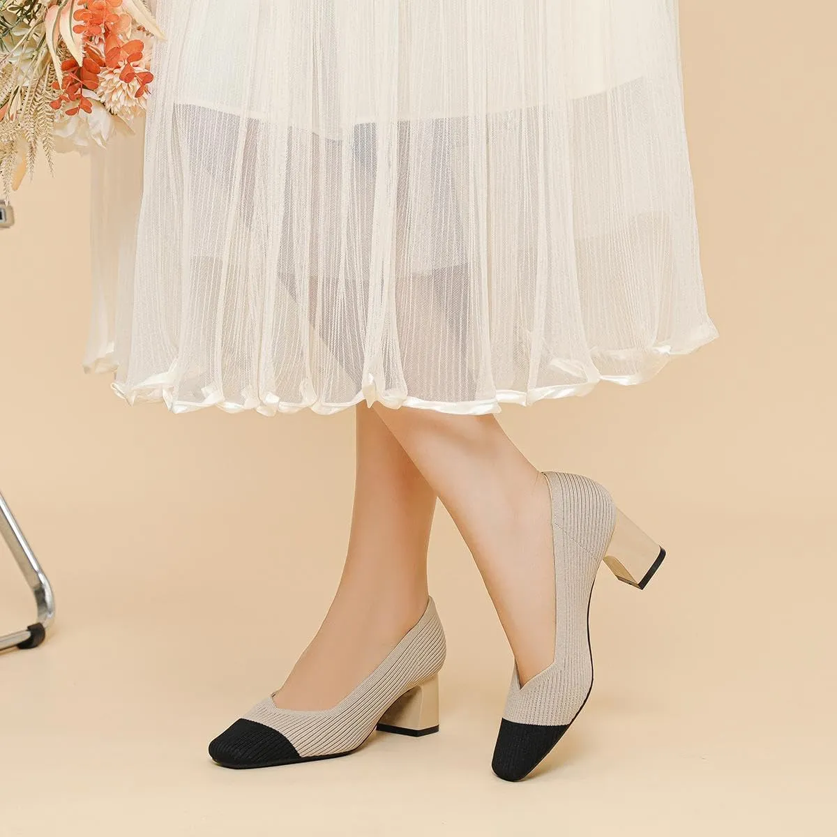 Women's Square Toe Pumps Knit Dress Shoes Comfortable Low Wedge Mesh Shoes for Women Slip On Pumps with Chunky Heel Shoes Classic Soft Mary Jane Shoes
