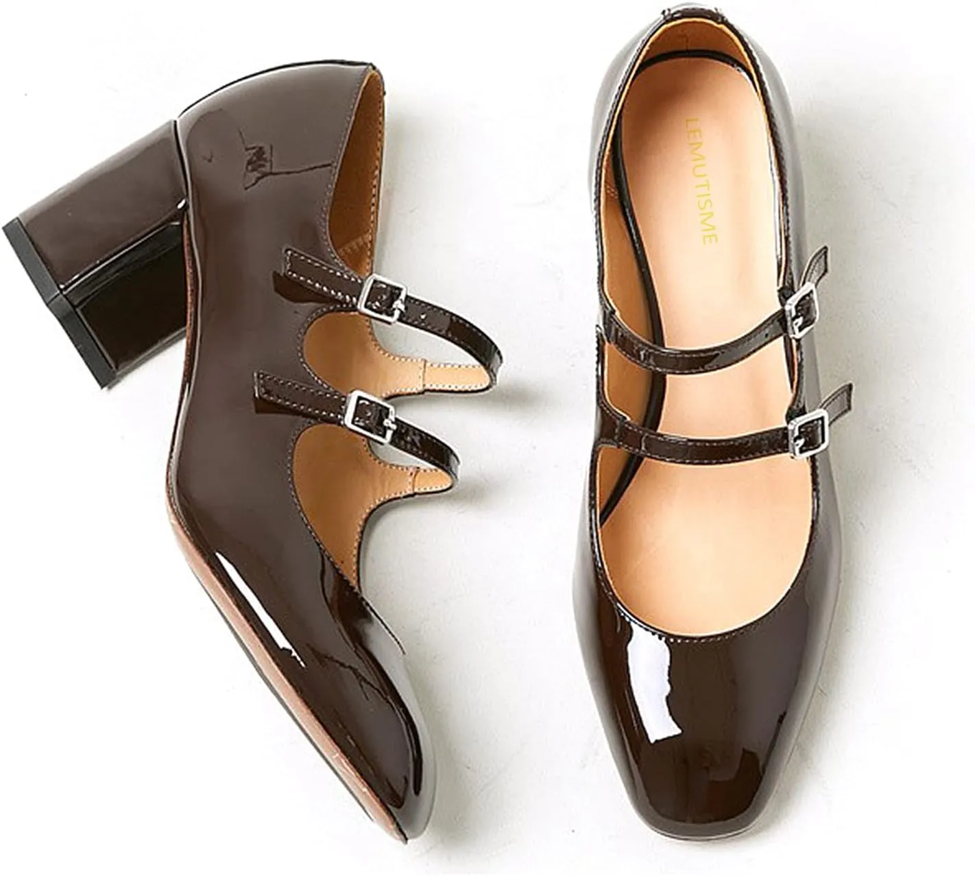 Women's Stylish Closed Round Toe Patent Leather Doubled Monk-Strap Vintage Low Chunky Heel Dress Mary Jane Pumps Shoes