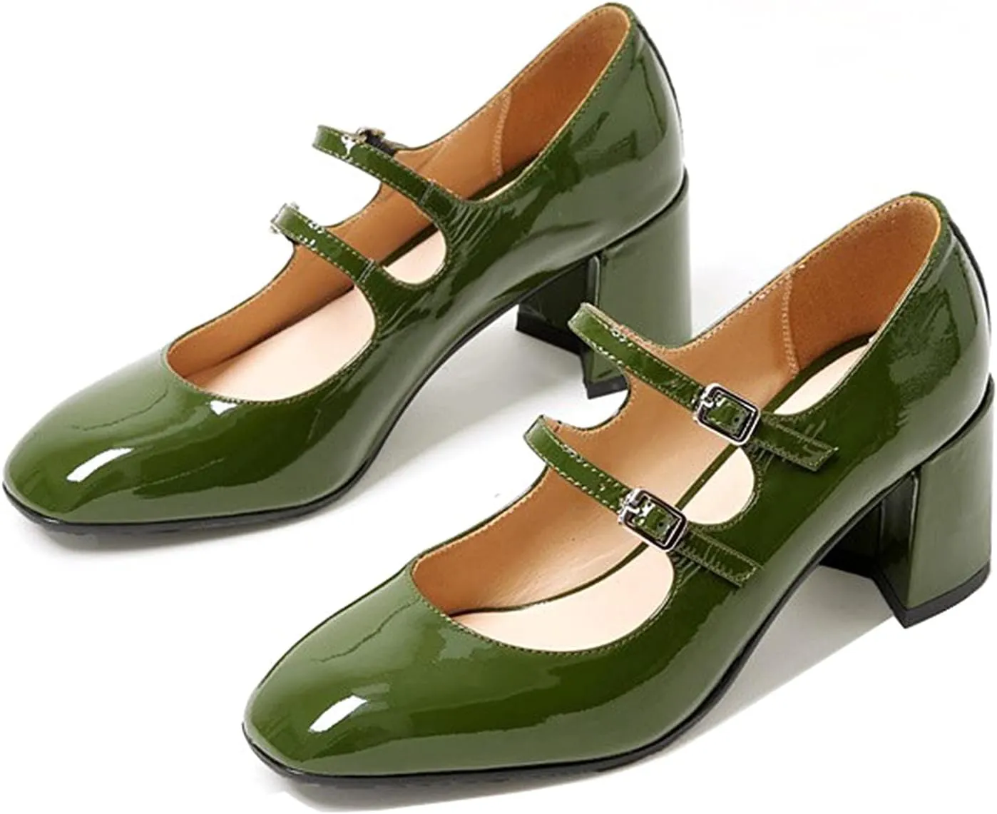 Women's Stylish Closed Round Toe Patent Leather Doubled Monk-Strap Vintage Low Chunky Heel Dress Mary Jane Pumps Shoes