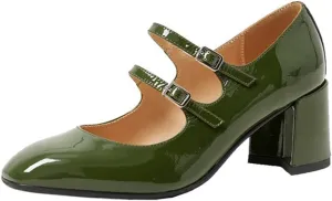 Women's Stylish Closed Round Toe Patent Leather Doubled Monk-Strap Vintage Low Chunky Heel Dress Mary Jane Pumps Shoes