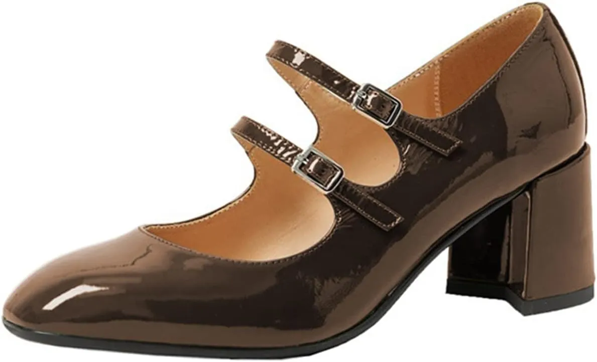 Women's Stylish Closed Round Toe Patent Leather Doubled Monk-Strap Vintage Low Chunky Heel Dress Mary Jane Pumps Shoes