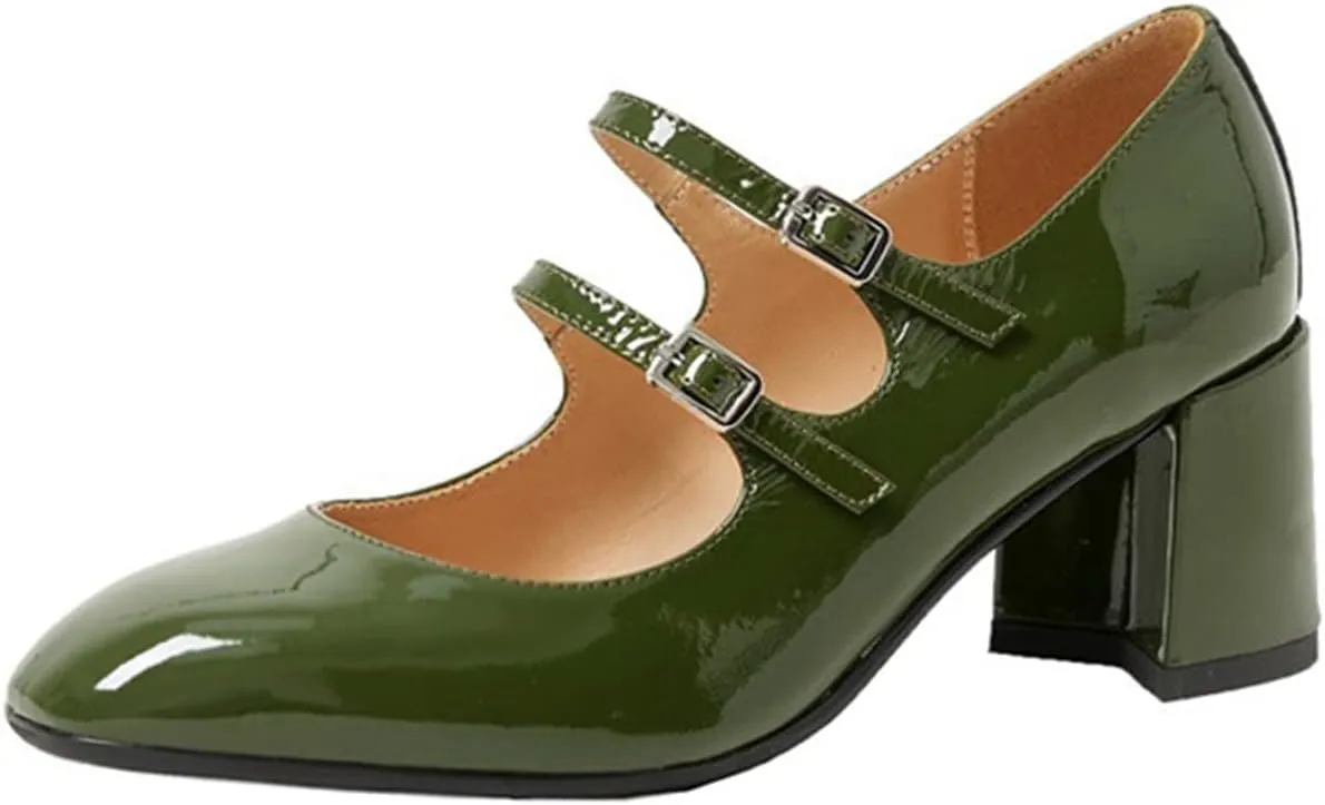 Women's Stylish Closed Round Toe Patent Leather Doubled Monk-Strap Vintage Low Chunky Heel Dress Mary Jane Pumps Shoes
