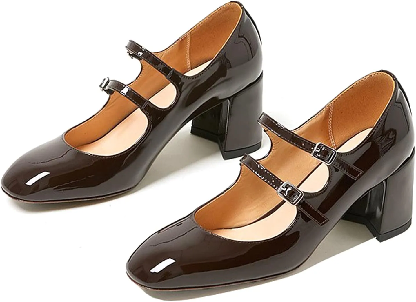 Women's Stylish Closed Round Toe Patent Leather Doubled Monk-Strap Vintage Low Chunky Heel Dress Mary Jane Pumps Shoes