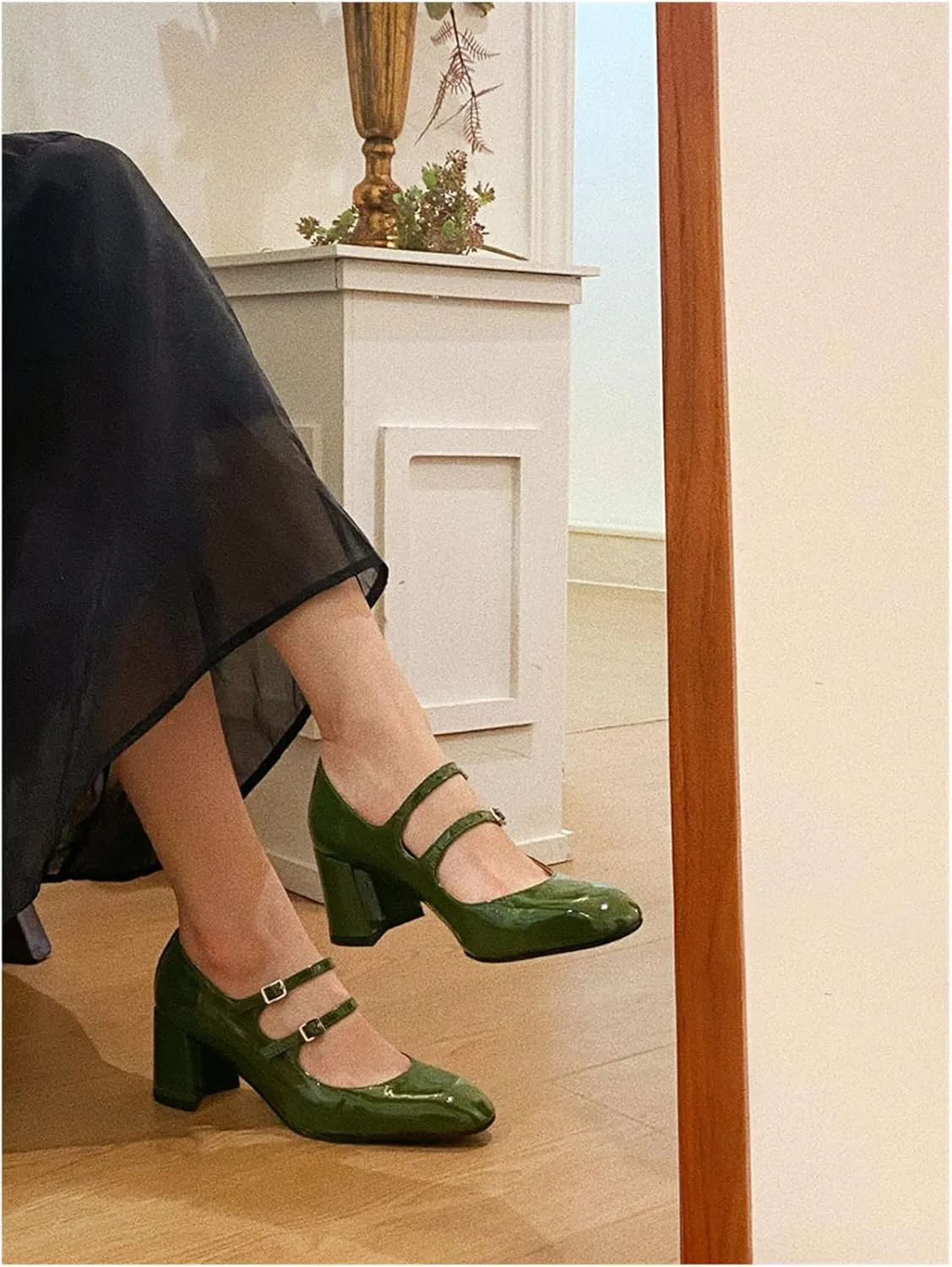 Women's Stylish Closed Round Toe Patent Leather Doubled Monk-Strap Vintage Low Chunky Heel Dress Mary Jane Pumps Shoes