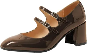 Women's Stylish Closed Round Toe Patent Leather Doubled Monk-Strap Vintage Low Chunky Heel Dress Mary Jane Pumps Shoes
