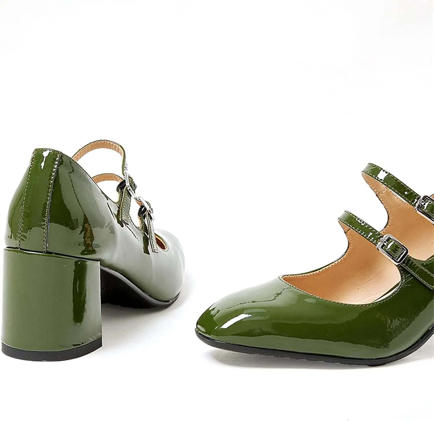 Women's Stylish Closed Round Toe Patent Leather Doubled Monk-Strap Vintage Low Chunky Heel Dress Mary Jane Pumps Shoes