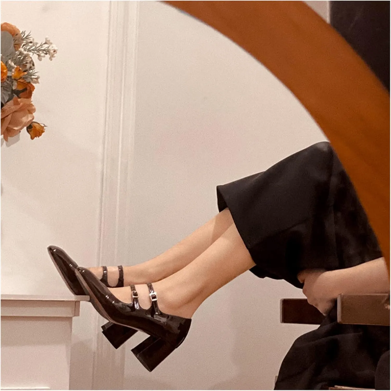 Women's Stylish Closed Round Toe Patent Leather Doubled Monk-Strap Vintage Low Chunky Heel Dress Mary Jane Pumps Shoes