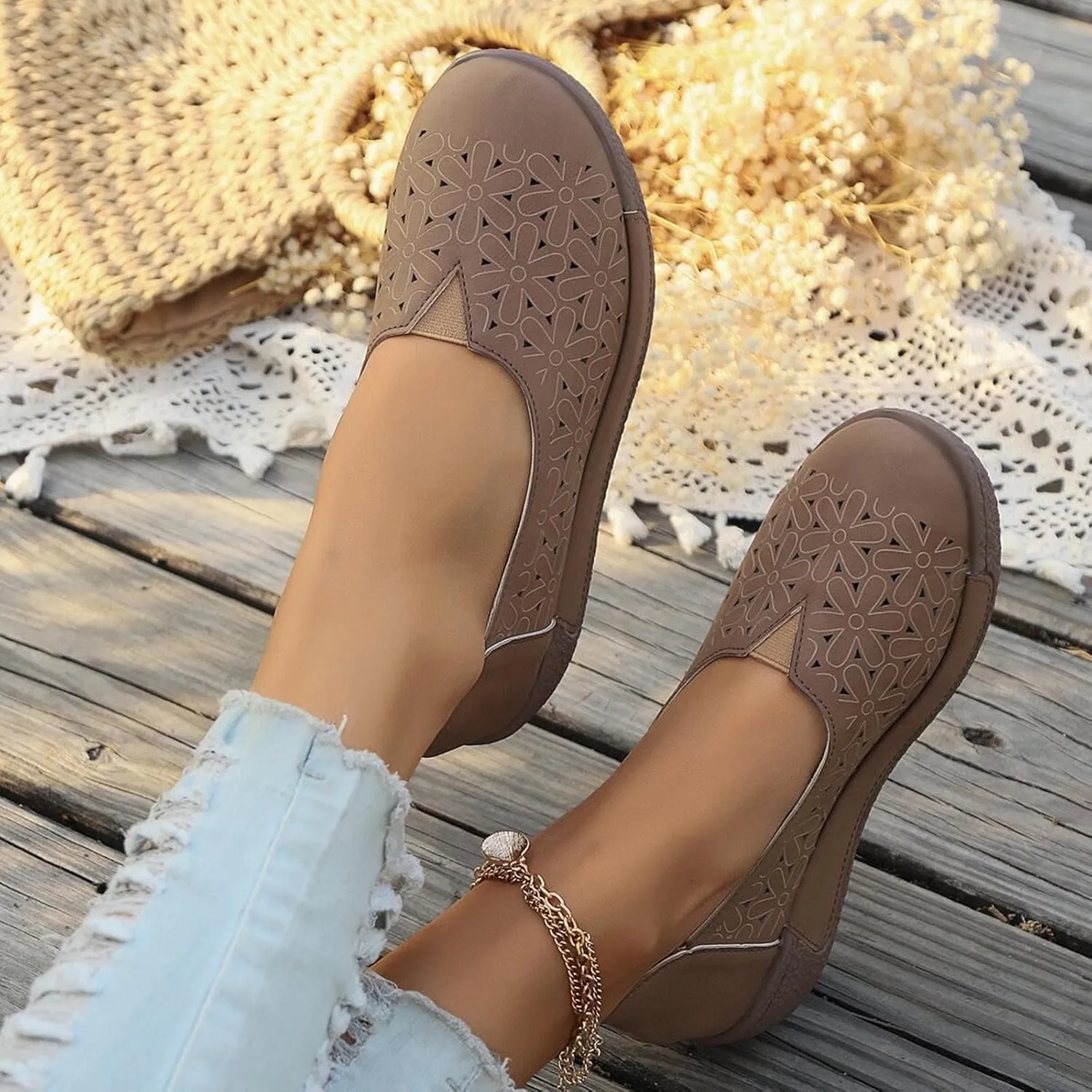 Women's Summer Sandals Large Size Hollow Out Flowers Single Shoes Comfortable One Foot Stirrups Soft Flat Shoes