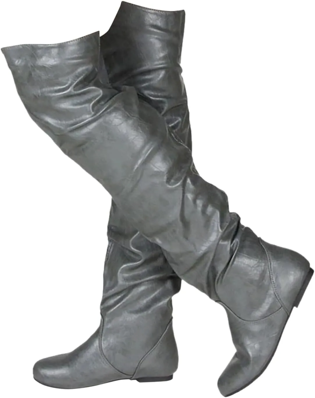 Women's Thigh High Boots Over The Knee Boots Cute Round Toe Flat Heel Slip On PU Leather Riding Boots Long Fall Sexy Boots Wide Calf Slouch Boots Knee High Boots for Women Warm Winter Shoes