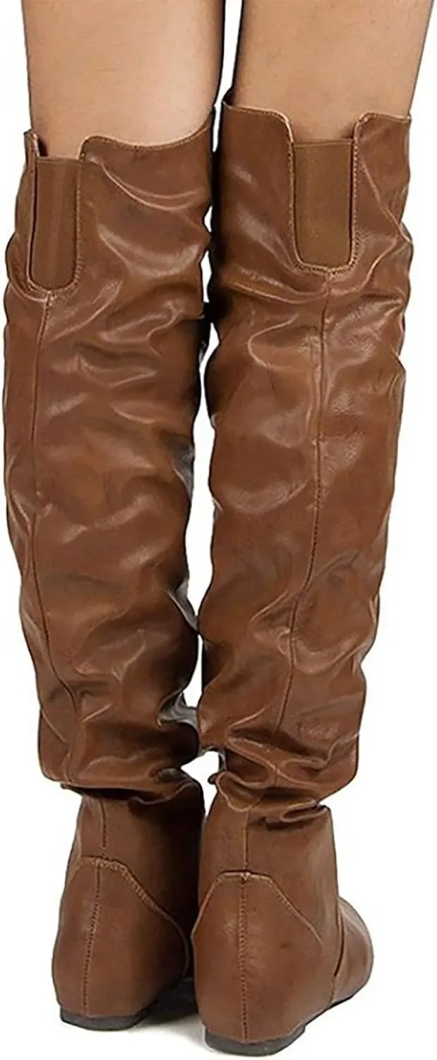 Women's Thigh High Boots Over The Knee Boots Cute Round Toe Flat Heel Slip On PU Leather Riding Boots Long Fall Sexy Boots Wide Calf Slouch Boots Knee High Boots for Women Warm Winter Shoes