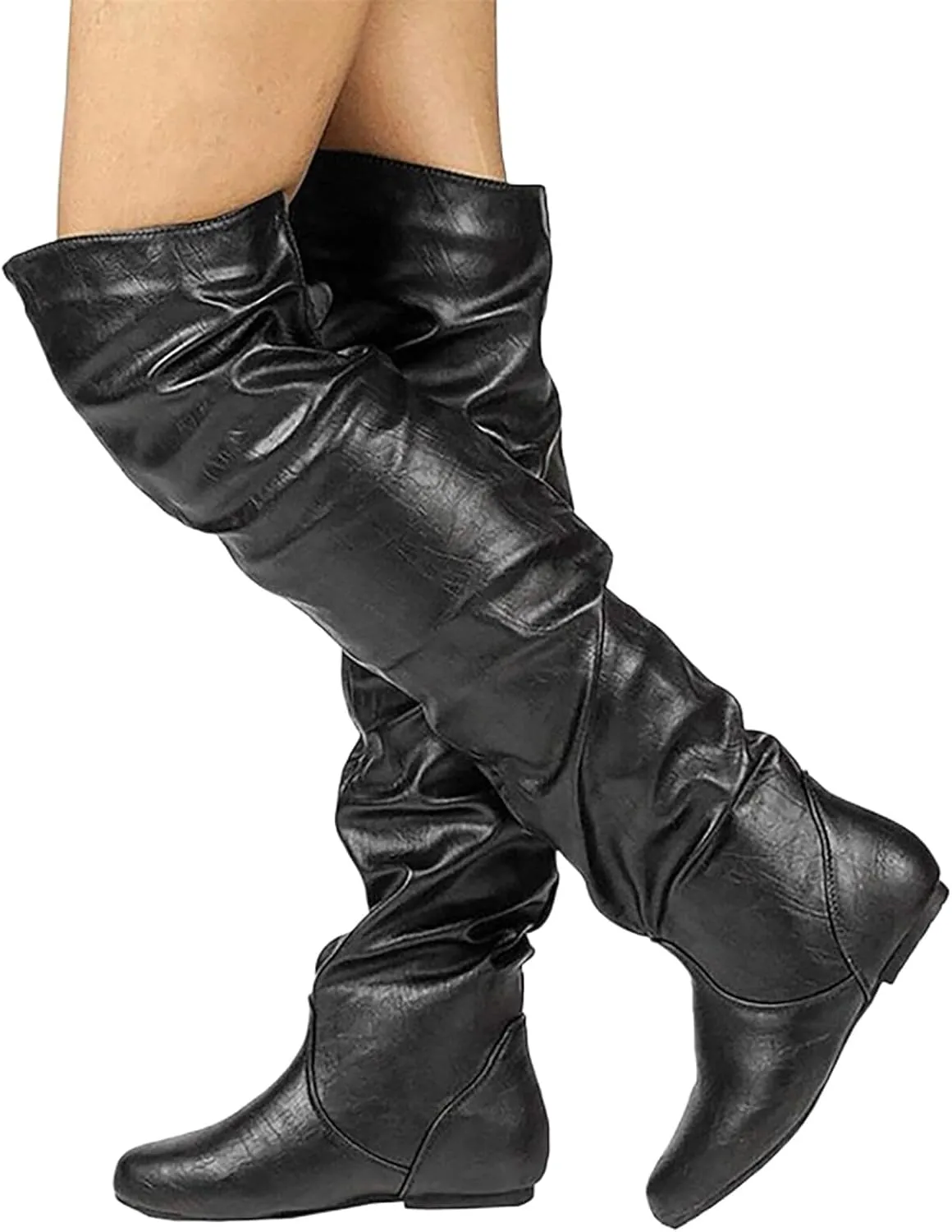 Women's Thigh High Boots Over The Knee Boots Cute Round Toe Flat Heel Slip On PU Leather Riding Boots Long Fall Sexy Boots Wide Calf Slouch Boots Knee High Boots for Women Warm Winter Shoes