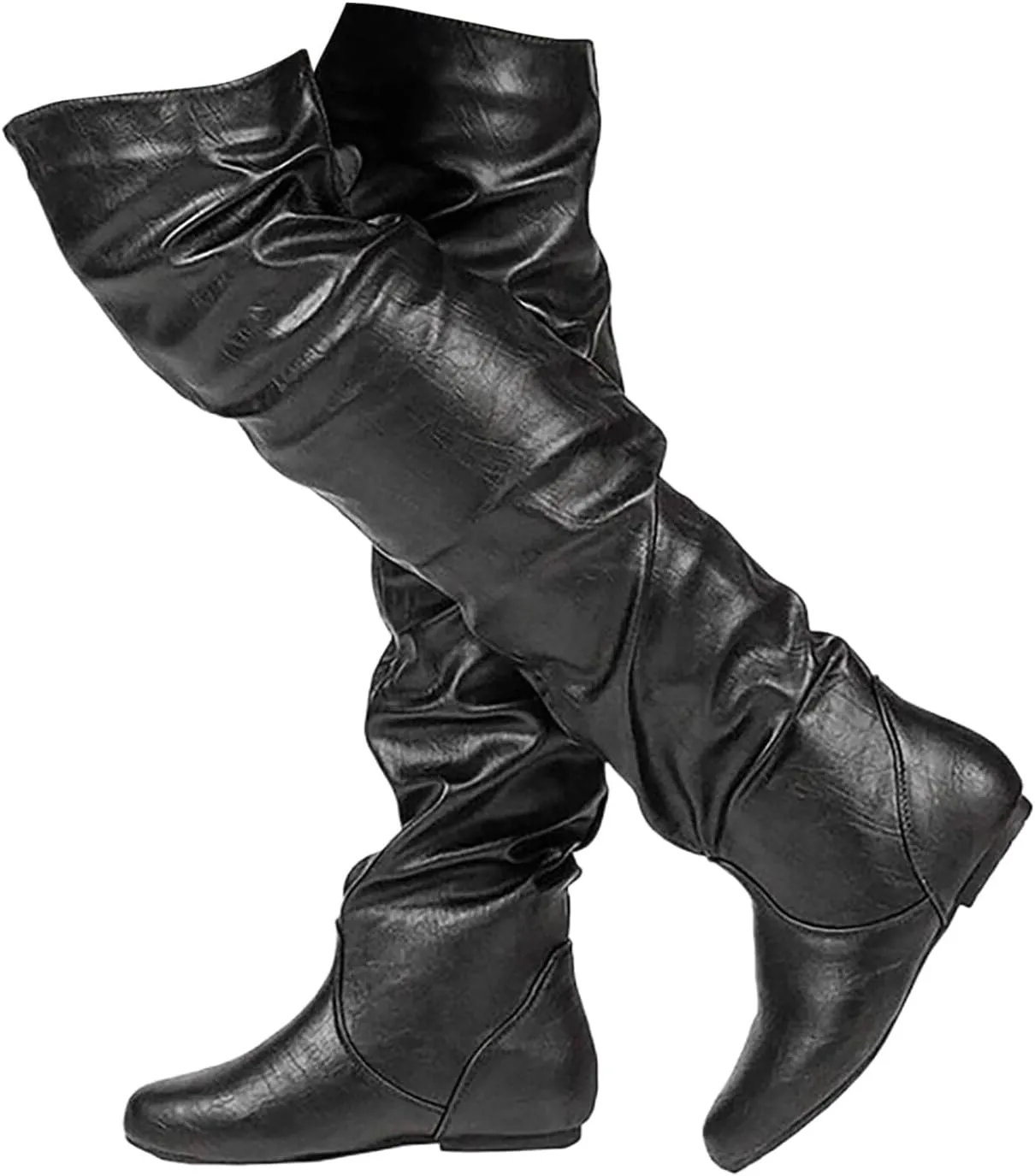 Women's Thigh High Boots Over The Knee Boots Cute Round Toe Flat Heel Slip On PU Leather Riding Boots Long Fall Sexy Boots Wide Calf Slouch Boots Knee High Boots for Women Warm Winter Shoes