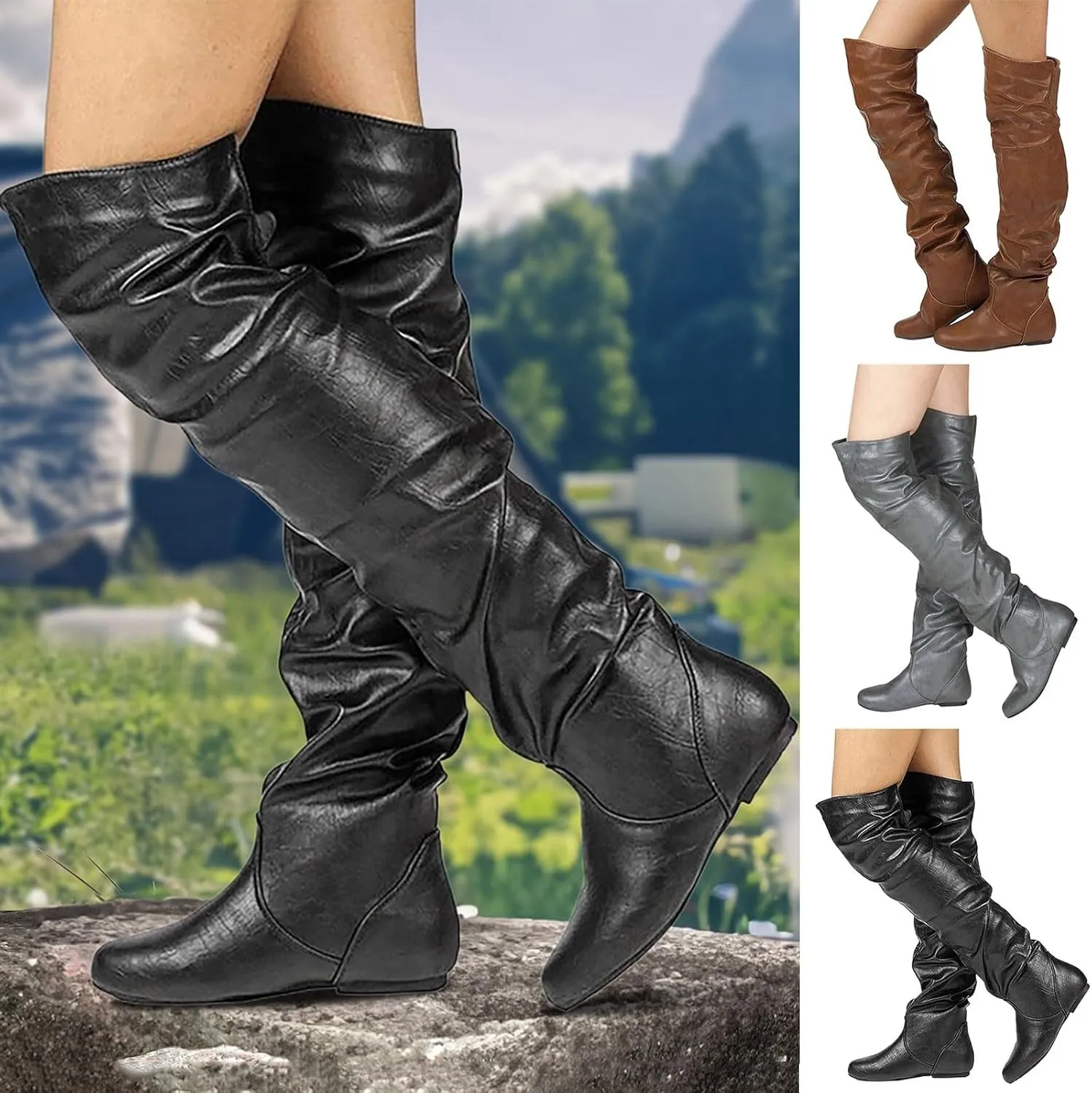 Women's Thigh High Boots Over The Knee Boots Cute Round Toe Flat Heel Slip On PU Leather Riding Boots Long Fall Sexy Boots Wide Calf Slouch Boots Knee High Boots for Women Warm Winter Shoes