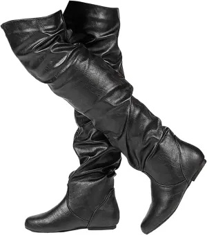 Women's Thigh High Boots Over The Knee Boots Cute Round Toe Flat Heel Slip On PU Leather Riding Boots Long Fall Sexy Boots Wide Calf Slouch Boots Knee High Boots for Women Warm Winter Shoes