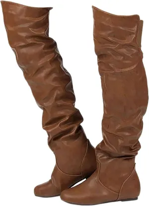 Women's Thigh High Boots Over The Knee Boots Cute Round Toe Flat Heel Slip On PU Leather Riding Boots Long Fall Sexy Boots Wide Calf Slouch Boots Knee High Boots for Women Warm Winter Shoes