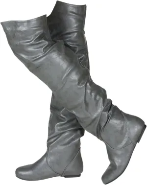 Women's Thigh High Boots Over The Knee Boots Cute Round Toe Flat Heel Slip On PU Leather Riding Boots Long Fall Sexy Boots Wide Calf Slouch Boots Knee High Boots for Women Warm Winter Shoes