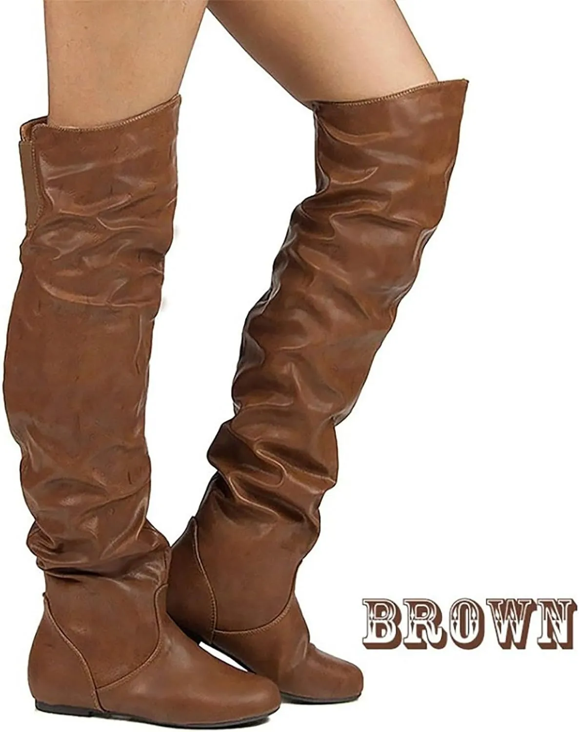 Women's Thigh High Boots Over The Knee Boots Cute Round Toe Flat Heel Slip On PU Leather Riding Boots Long Fall Sexy Boots Wide Calf Slouch Boots Knee High Boots for Women Warm Winter Shoes