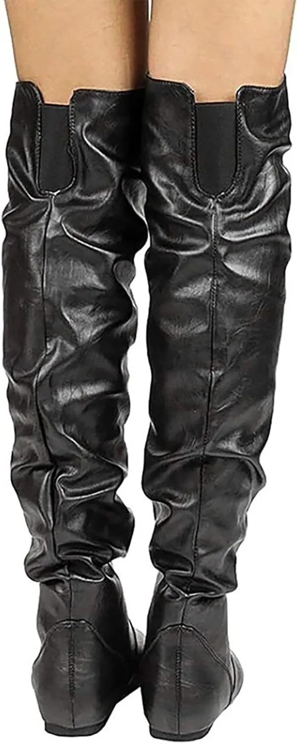 Women's Thigh High Boots Over The Knee Boots Cute Round Toe Flat Heel Slip On PU Leather Riding Boots Long Fall Sexy Boots Wide Calf Slouch Boots Knee High Boots for Women Warm Winter Shoes