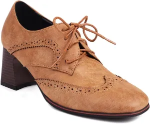 Women's Vintage Suede Patent Lace up Dance Shoes Closed Square Toe Concise Brogues Party Comfortable Business Formal Occasion Oxfords Chunky Dating Wedding High Block All Weather Heels