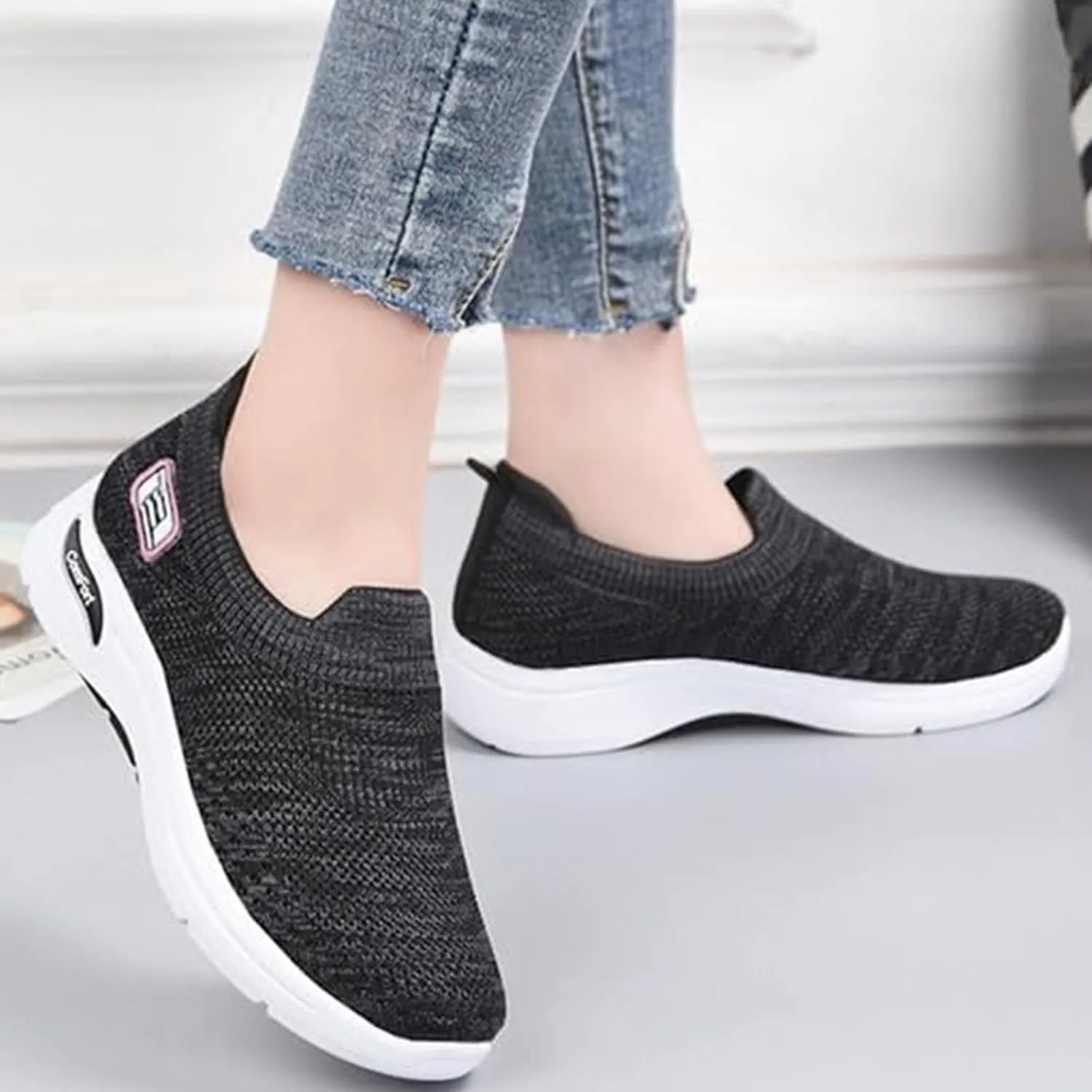 Womens Walking Sneakers Ladies Elastic Low Top Flats Lightweight Breathe Mesh Fashion Sneakers Woven Orthopedic Breathable Soft Shoes Comfortable Casual Sneaker Go Walking Slip on Shoes