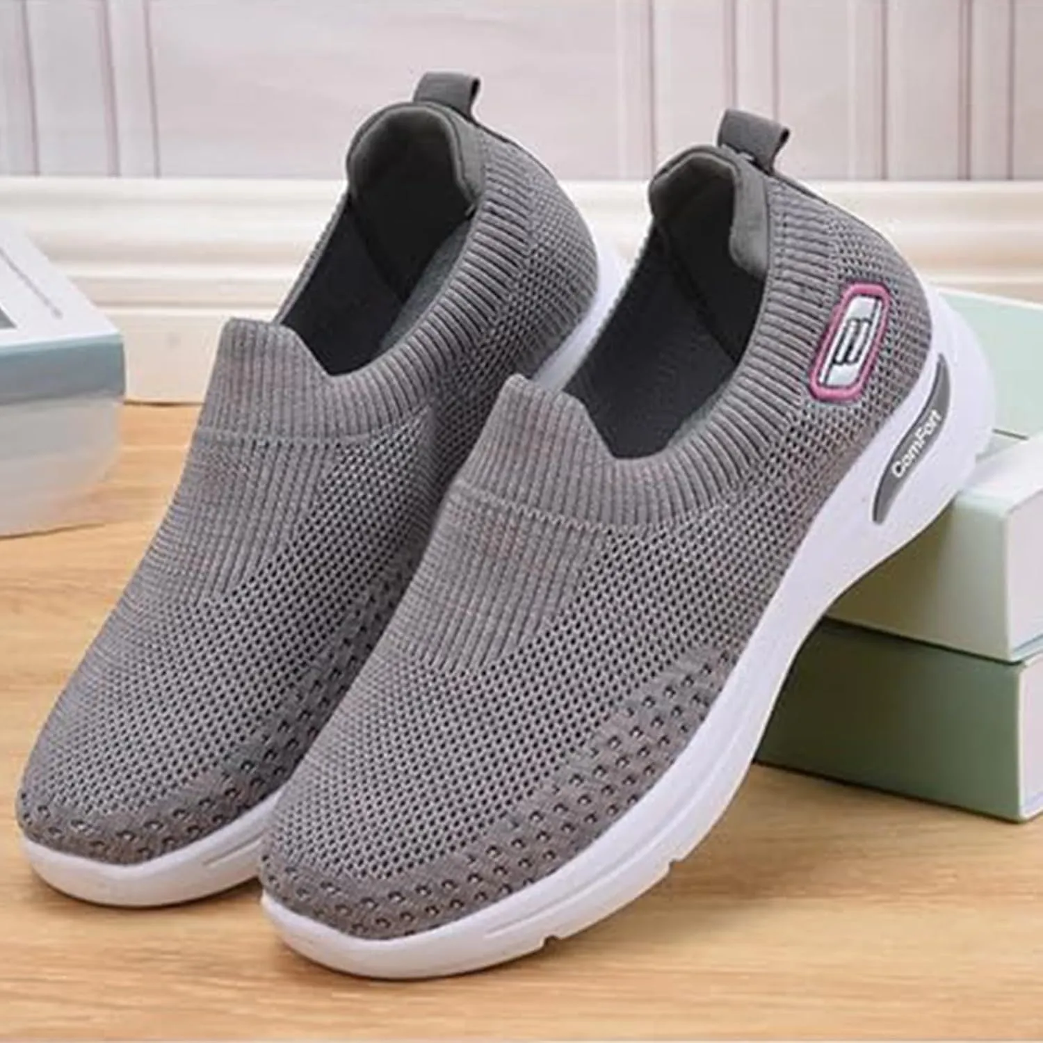 Womens Walking Sneakers Ladies Elastic Low Top Flats Lightweight Breathe Mesh Fashion Sneakers Woven Orthopedic Breathable Soft Shoes Comfortable Casual Sneaker Go Walking Slip on Shoes