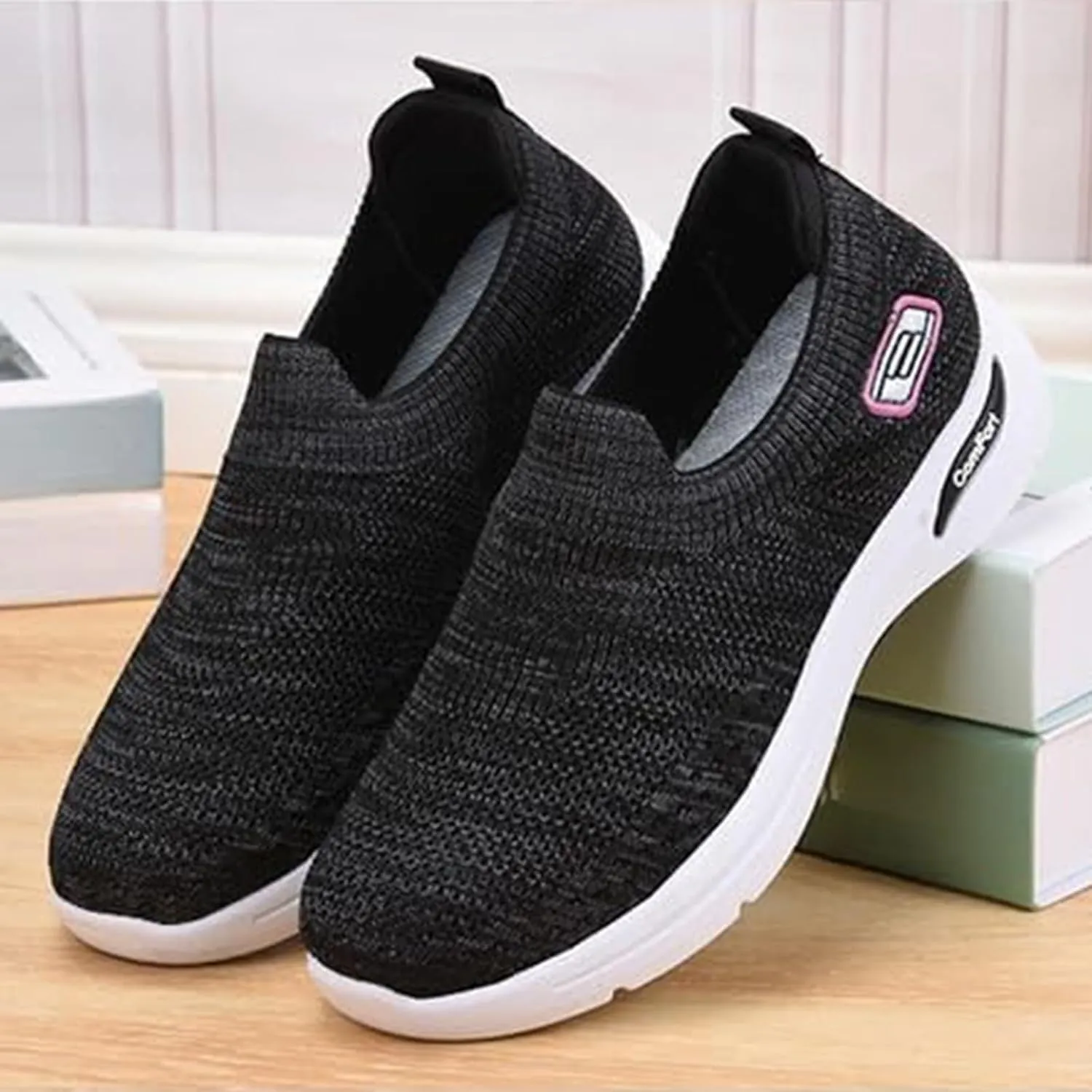 Womens Walking Sneakers Ladies Elastic Low Top Flats Lightweight Breathe Mesh Fashion Sneakers Woven Orthopedic Breathable Soft Shoes Comfortable Casual Sneaker Go Walking Slip on Shoes