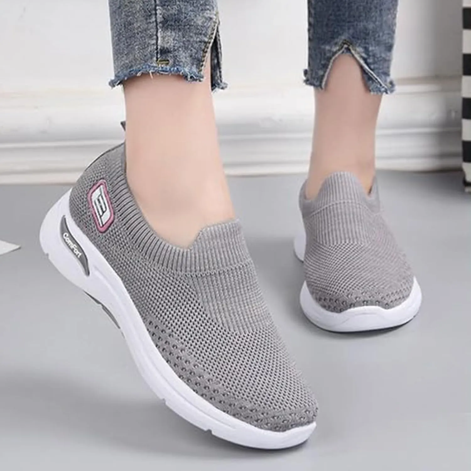 Womens Walking Sneakers Ladies Elastic Low Top Flats Lightweight Breathe Mesh Fashion Sneakers Woven Orthopedic Breathable Soft Shoes Comfortable Casual Sneaker Go Walking Slip on Shoes