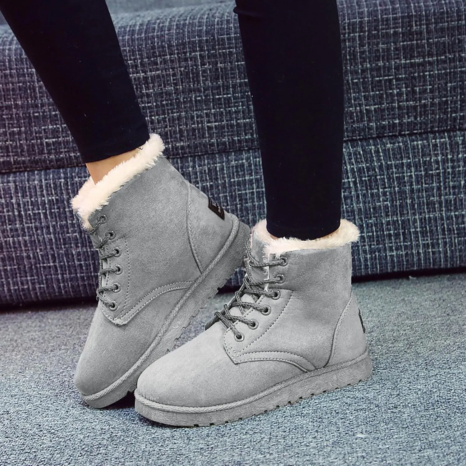Womens Warm Plush Lined Winter Snow Boots for Women Lace Up Side Zipper Mid-Calf Fashion Booties