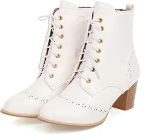 Women's Wingtip Lace Up Booties Chunky Heel Ankle Boots Mid Calf Boots Combat Boots Slip On Leather Boots Fall Winter Boots Faux Fur Lining Vintage Victorian Boots for Wedding Bridal