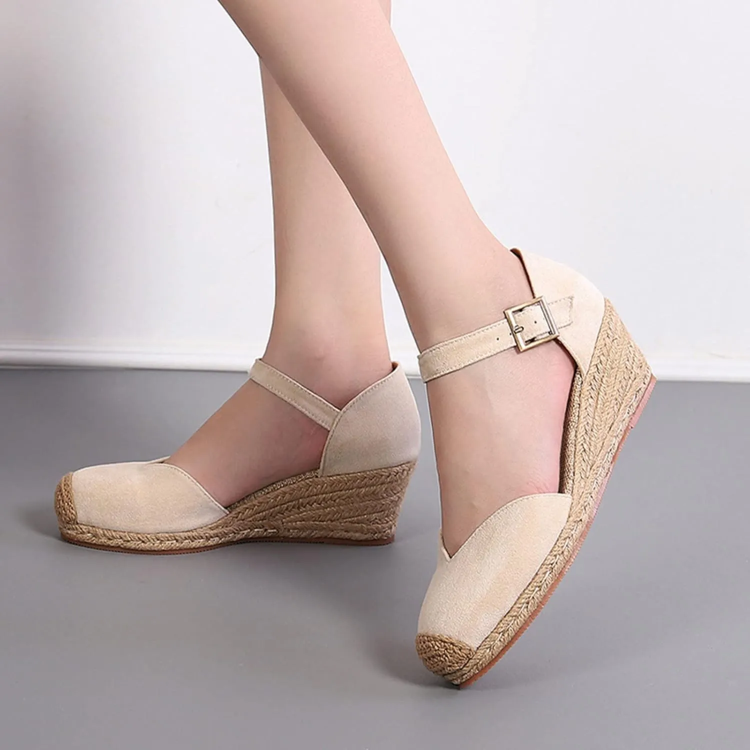 Womenyiaor Sandals for Women 2025 Dressy, Womens Closed Toe Espadrilles Wedge Sandals Ankle Strap Platform Sandals Low Wedge Heels Comfortable Summer Dress Shoes (B-Beige, 6.5)