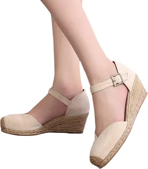 Womenyiaor Sandals for Women 2025 Dressy, Womens Closed Toe Espadrilles Wedge Sandals Ankle Strap Platform Sandals Low Wedge Heels Comfortable Summer Dress Shoes (B-Beige, 6.5)