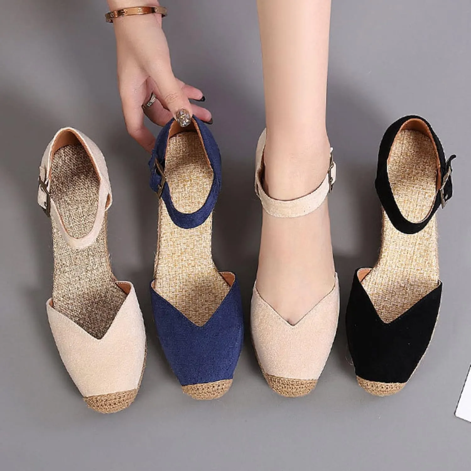 Womenyiaor Sandals for Women 2025 Dressy, Womens Closed Toe Espadrilles Wedge Sandals Ankle Strap Platform Sandals Low Wedge Heels Comfortable Summer Dress Shoes (B-Beige, 6.5)