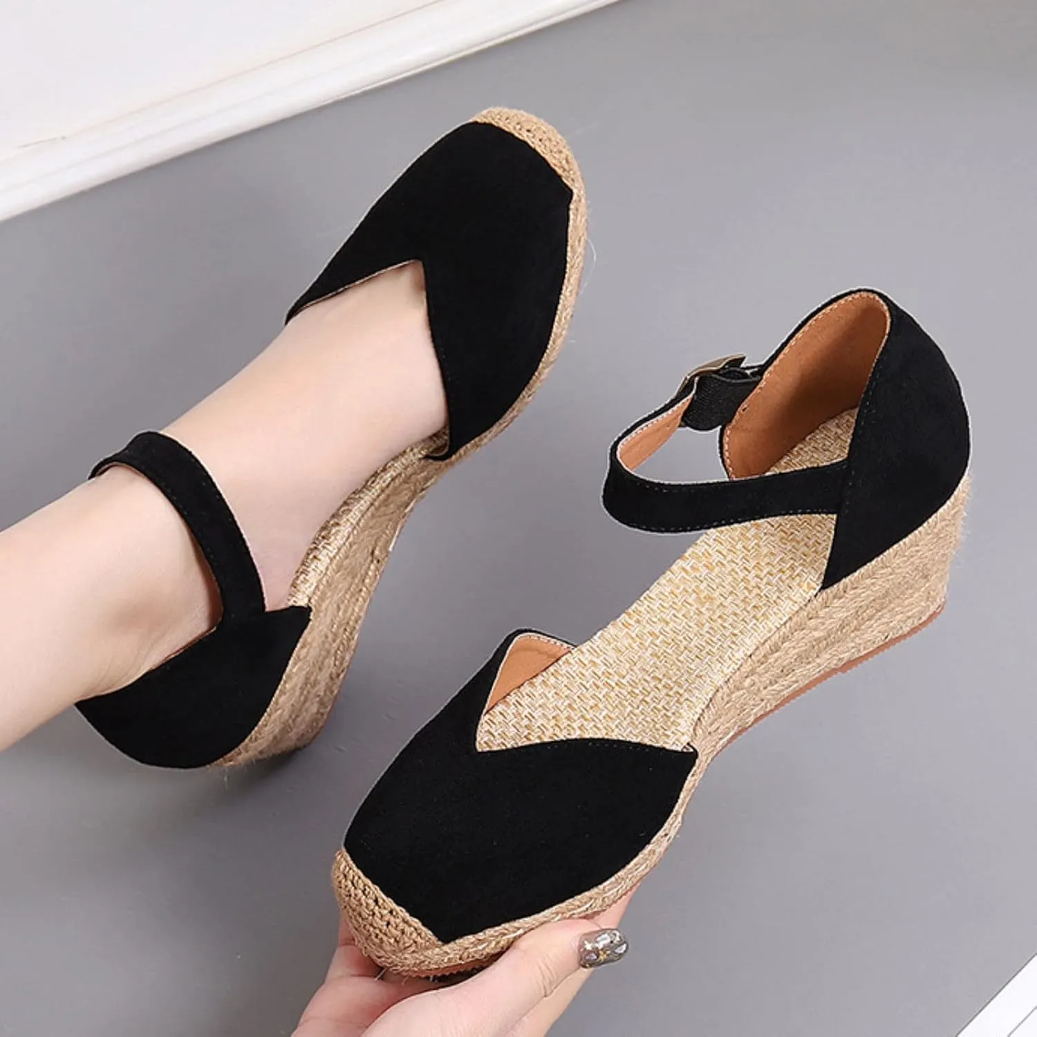 Womenyiaor Sandals for Women 2025 Dressy, Womens Closed Toe Espadrilles Wedge Sandals Ankle Strap Platform Sandals Low Wedge Heels Comfortable Summer Dress Shoes (B-Black, 6.5)