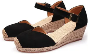 Womenyiaor Sandals for Women 2025 Dressy, Womens Closed Toe Espadrilles Wedge Sandals Ankle Strap Platform Sandals Low Wedge Heels Comfortable Summer Dress Shoes (B-Black, 6.5)